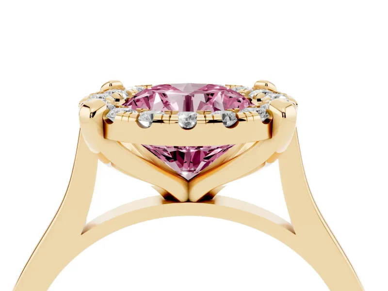 Round Halo Engagement Ring Setting for a Fancy Pink Lab-Grown Diamond | Claw Corners | Yellow Gold