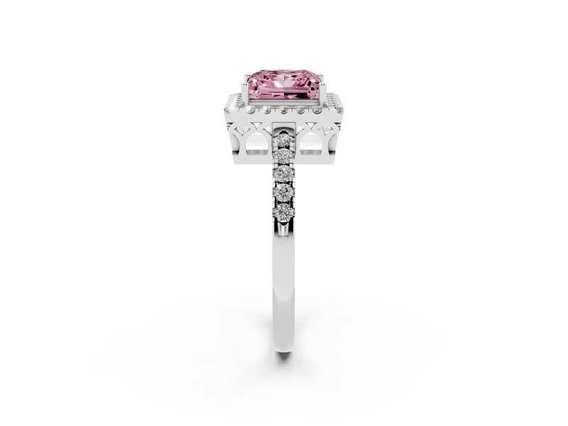 Fancy Pink Princess Cut Diamond Pavé Band Halo Engagement Ring Set in White gold with Prong Setting