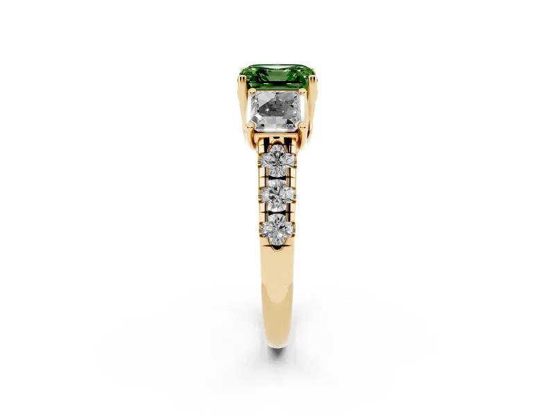 Asscher Cut Three Stone Engagement Ring Setting for a Fancy Green Lab-Grown Diamond | Accented Shoulders | Yellow Gold