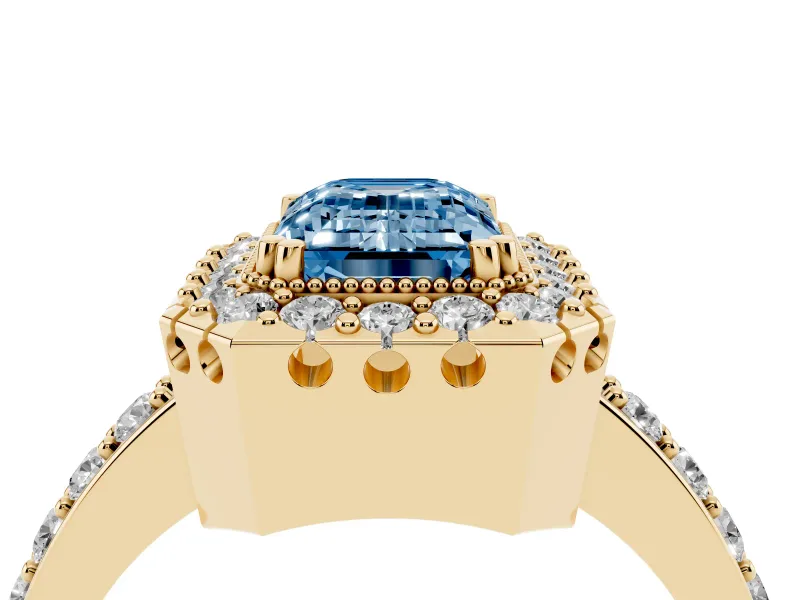 Emerald Cut Milgrain Halo Engagement Ring Setting for a Fancy Blue Lab-Grown Diamond | Pavé Shoulders | Yellow Gold