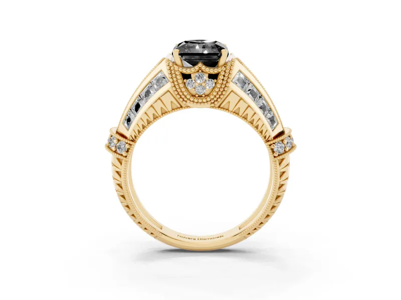 Fancy Black Radiant Cut Diamond Vintage-Inspired Milgrain Ring Set in Yellow gold with Accent Split Shank