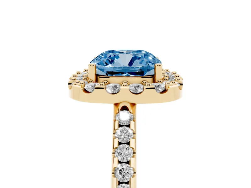 Cushion Cut Pave Halo Engagement Ring Setting for a Fancy Blue Lab-Grown Diamond | Pave Band | Yellow Gold