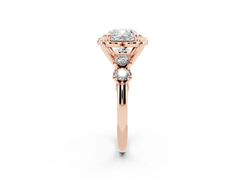 Cushion Cut Floral Engagement Ring Setting | Petal Frame and Side Stones | Rose Gold