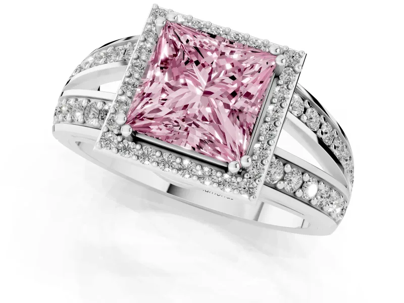 Princess Cut Halo Engagement Ring Setting for a Fancy Pink Lab-Grown Diamond | Two-Row Pave Split Shank | White Gold