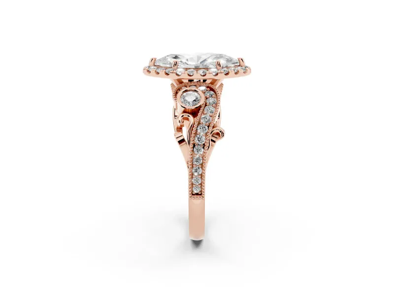 Marquise Vintage Milgrain Halo Engagement Ring Setting | Bezel Shoulder Accents | Rose Gold
