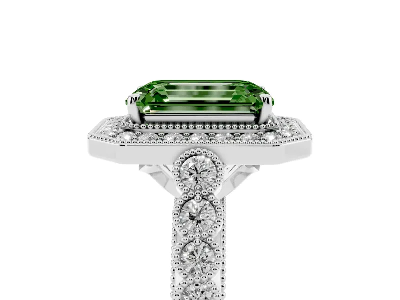Emerald Cut Graduated Milgrain Halo Engagement Ring Setting for a Fancy Green Lab-Grown Diamond | White Gold