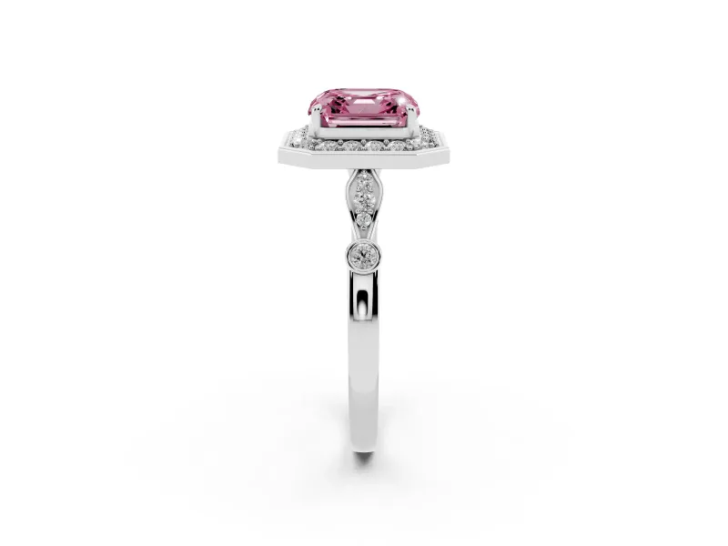 Asscher Cut Halo Engagement Ring Setting for a Fancy Pink Lab-Grown Diamond | Bezel Station Shoulders | White Gold