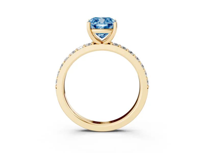 Fancy Blue Cushion Cut Diamond Solitaire Set in Yellow gold with Round Pavé Band and Prong Setting