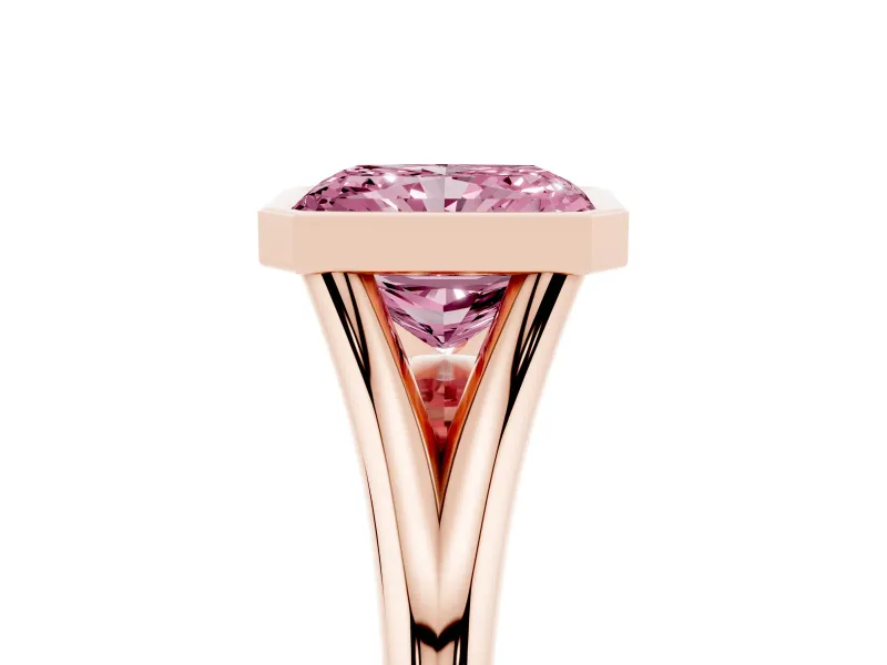 Fancy Pink Bezel Set Radiant Cut Diamond Solitaire Ring Set in Rose gold with Tapered Band