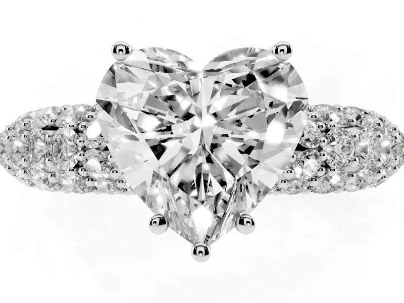 Heart-Shaped Multi Row Pave Solitaire Engagement Ring Setting | Domed Shoulders | Sterling Silver