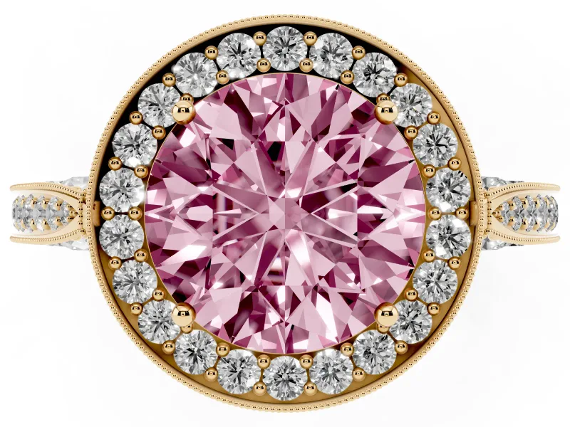 Round Milgrain Halo Engagement Ring Setting for a Fancy Pink Lab-Grown Diamond | Side Stones | Yellow Gold