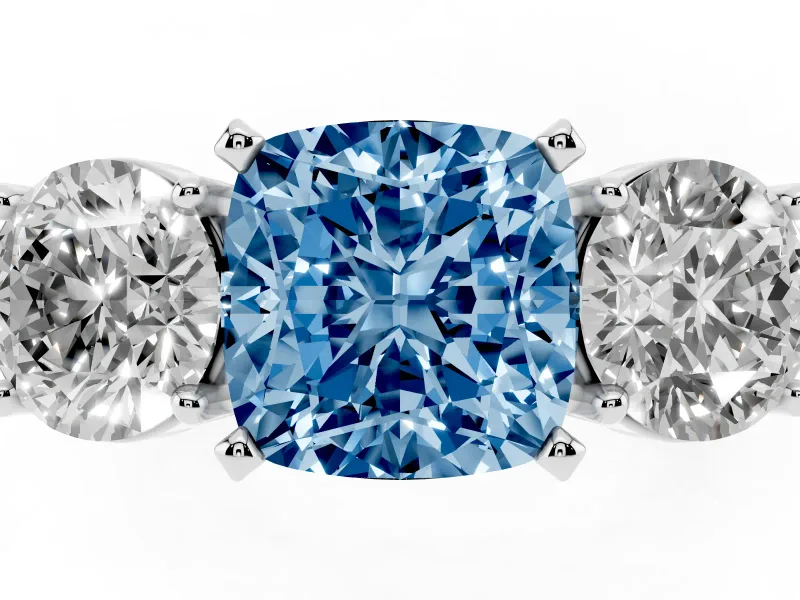 Cushion Cut Three Stone Engagement Ring Setting for a Fancy Blue Lab-Grown Diamond | Wide Plain Band | Sterling Silver