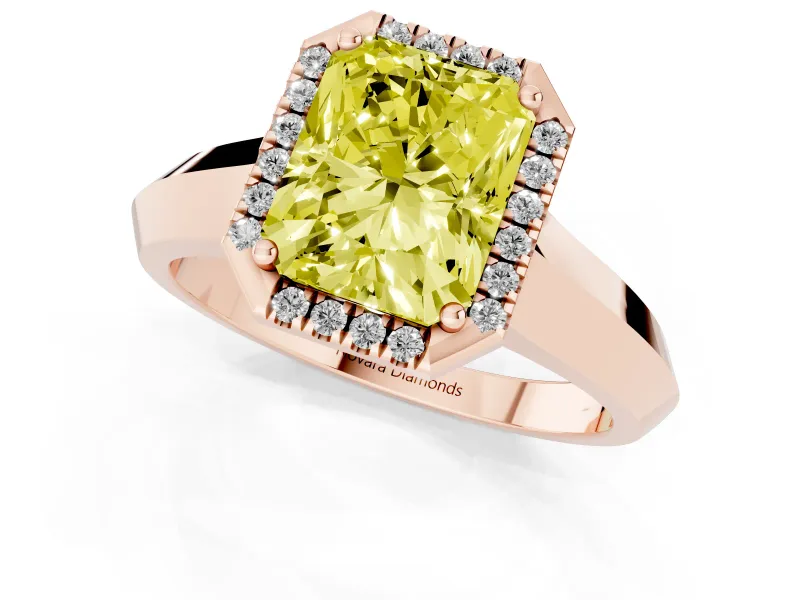 Fancy Yellow Radiant Cut Diamond Halo Ring Set in Rose gold with Cathedral Band and Prong Setting