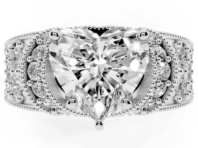 Heart-Shaped Vintage Milgrain Pave Engagement Ring Setting | Crescent Side Rows | Platinum