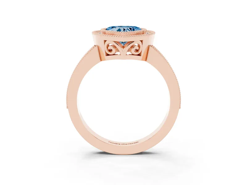 Fancy Blue Heart Cut Diamond Halo Ring Set in Rose gold with Pavé Band and Milgrain-Edged Prongs
