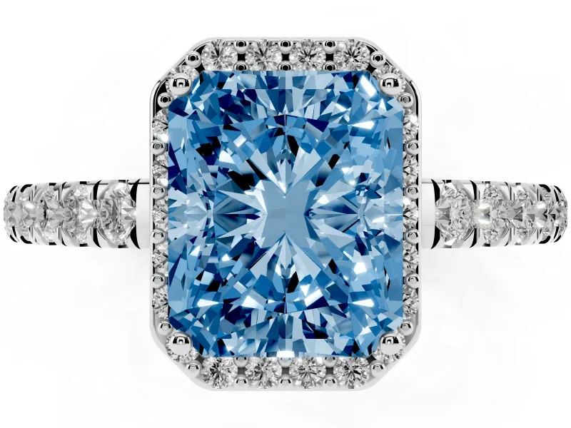 Fancy Blue Radiant Cut Diamond Halo Engagement Ring Set in White gold with Pavé Band and Prong Setting