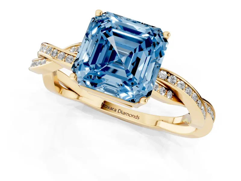 Fancy Blue Asscher Cut Diamond Solitaire Twisted Pavé Ring Set in Yellow gold with Prong Setting