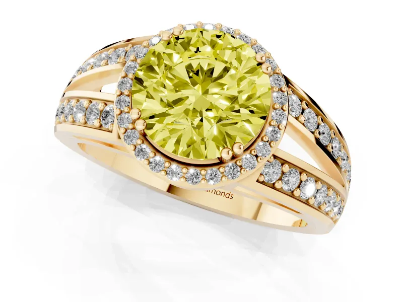 Round Halo Engagement Ring Setting for a Fancy Yellow Lab-Grown Diamond | Split Shank | Yellow Gold