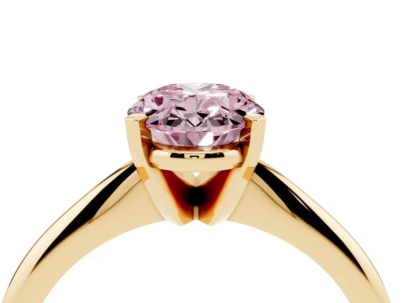 Fancy Pink Oval Cut Diamond Solitaire Ring Set in Yellow gold with Prong Setting on a Plain Round Band