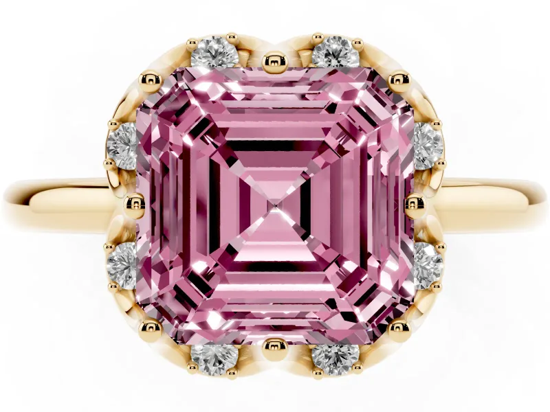 Asscher Cut Petal Halo Engagement Ring Setting for a Fancy Pink Lab-Grown Diamond | Yellow Gold