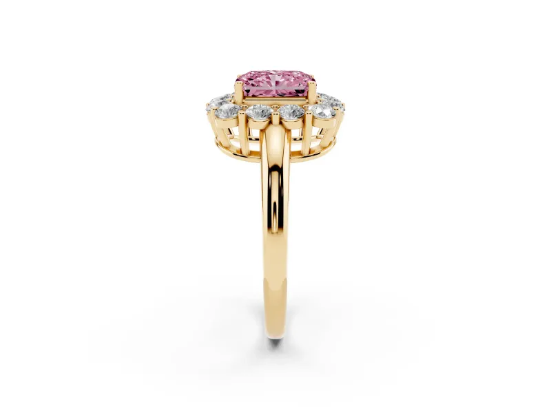 Radiant Cut Cluster Halo Engagement Ring Setting for a Fancy Pink Lab-Grown Diamond | Large Round Accents | Yellow Gold