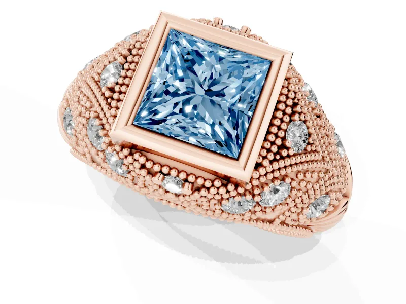Princess Cut Vintage Bezel Engagement Ring Setting for a Fancy Blue Lab-Grown Diamond | Rose Gold