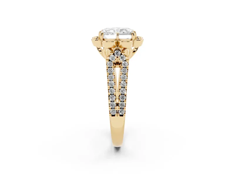 Radiant Cut Petal Frame Floral Halo Engagement Ring Setting | Pavé Split Shank | Yellow Gold