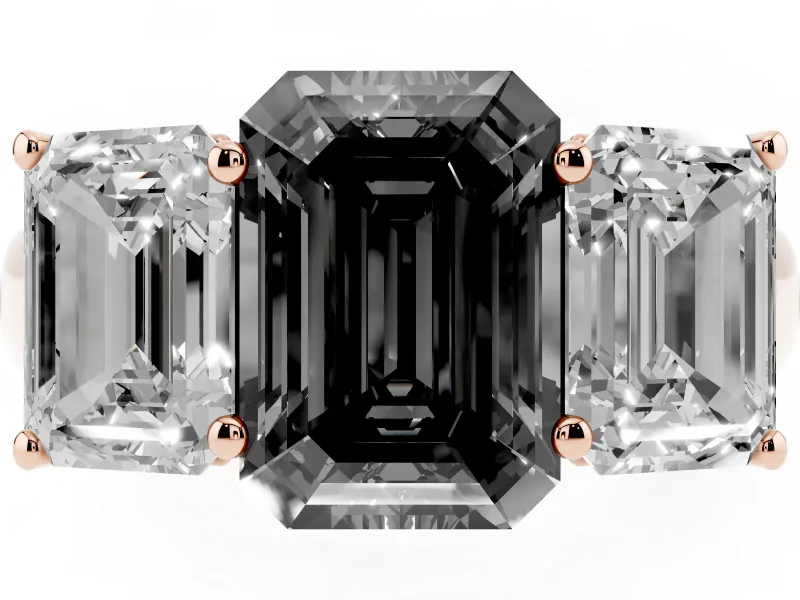 Emerald Cut Three Stone Engagement Ring Setting for a Black Center | Basket Prong Heads | Rose Gold