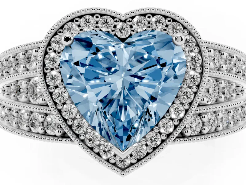 Fancy Blue Heart Cut Diamond Halo Ring Set in Silver with Accent Split Shank and Prong Setting