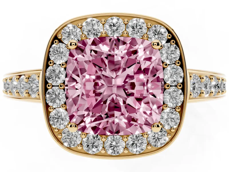 Fancy Pink Cushion Cut Diamond Halo Pavé Engagement Ring Set in Yellow gold with Bezel Setting