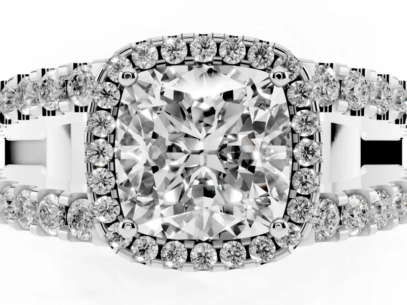 Cushion Cut Diamond Halo Ring Set in Platinum with Pavé Split Shank and Prong Setting