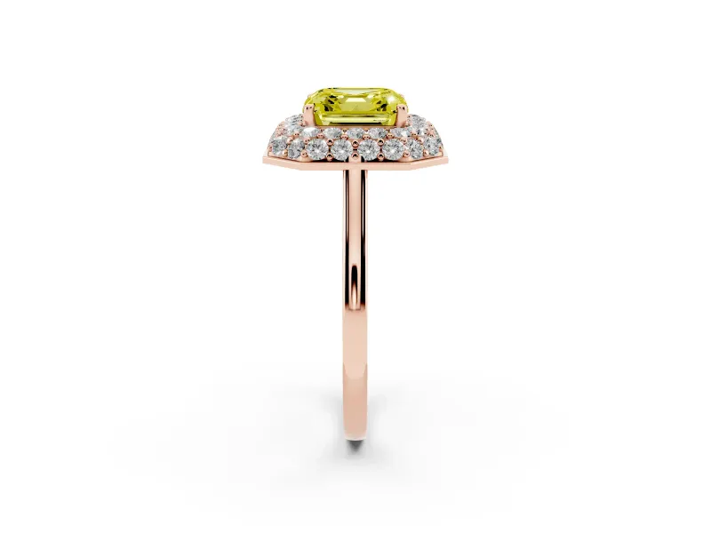 Fancy Yellow Asscher Cut Diamond Halo Engagement Ring Set in Rose gold with Solitaire Band and Prong Setting