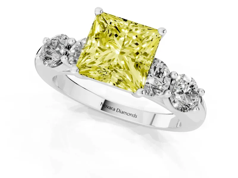 Princess Cut Five Stone Engagement Ring Setting for a Fancy Yellow Lab-Grown Diamond | Plain Band | Sterling Silver