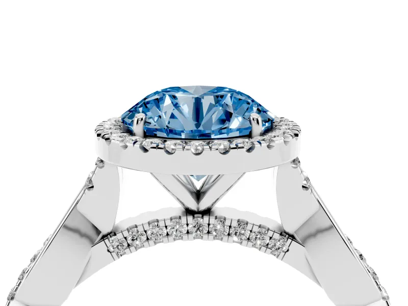 Round Halo Engagement Ring Setting for a Fancy Blue Lab-Grown Diamond | Pavé Twist Band | White Gold