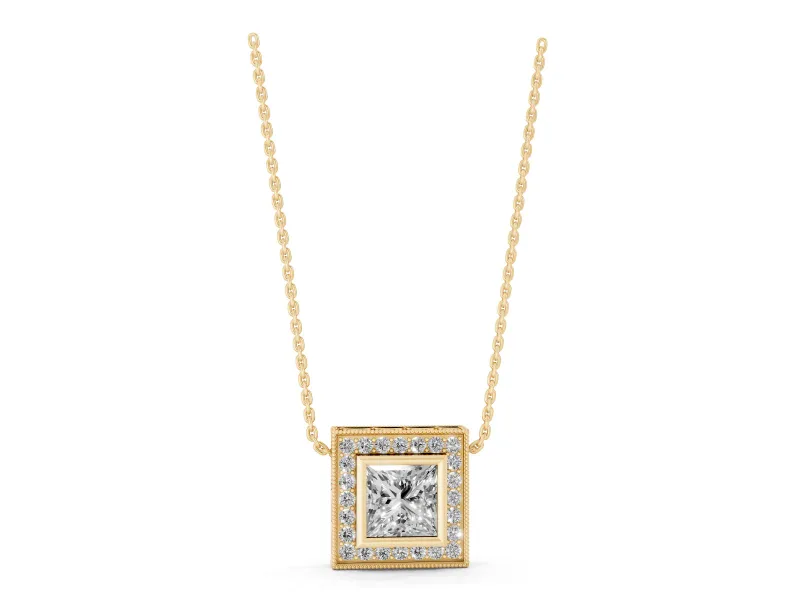 Princess Cut Lab-Grown Diamond Bezel Halo Pendant Necklace | Milgrain Edge | Yellow Gold