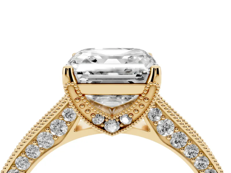 Asscher Cut Vintage Hidden Halo Engagement Ring Setting | Milgrain Pave Band | Yellow Gold