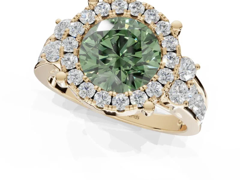 Round Halo Engagement Ring Setting for a Fancy Green Lab-Grown Diamond | Side Clusters | Yellow Gold