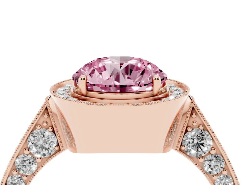 Round Milgrain Halo Engagement Ring Setting for a Fancy Pink Lab-Grown Diamond | Side Stones | Rose Gold