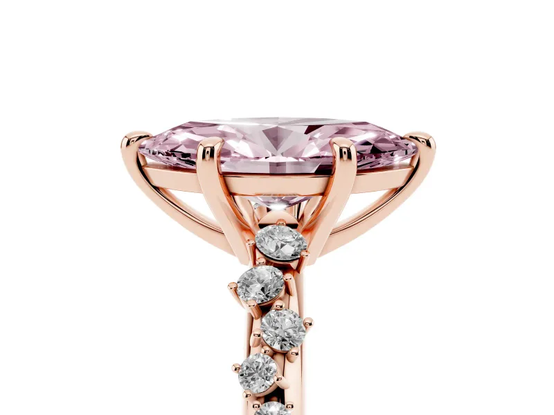 Fancy Pink Marquise Cut Diamond Solitaire Vine Band Ring Set in Rose gold with Round Accents and Prong Setting