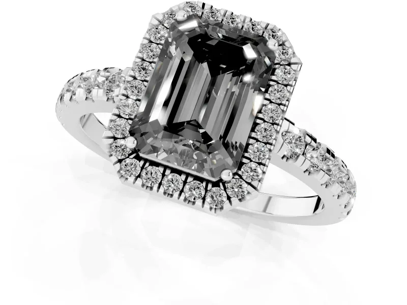 Fancy Black Emerald Cut Diamond Halo Ring Set in Silver with Delicate Pavé Band and Prong Setting
