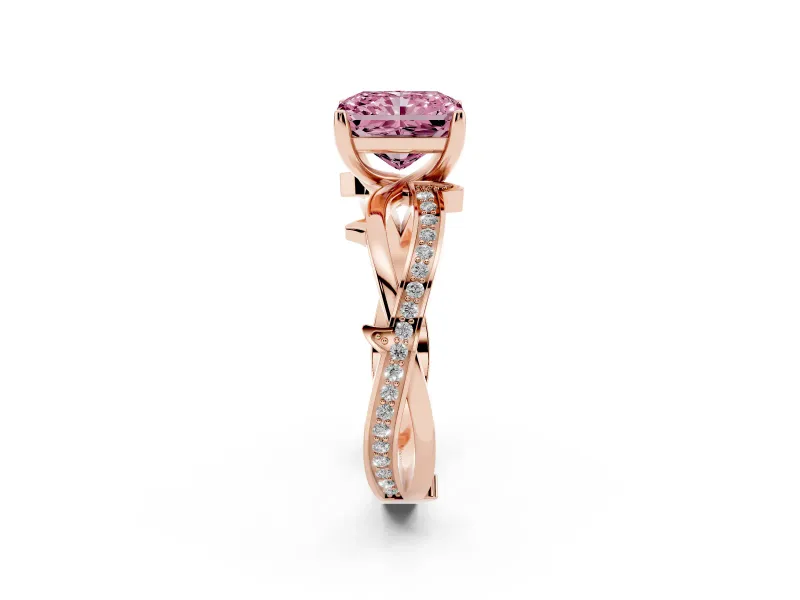 Radiant Cut Twisted Pavé Engagement Ring Setting for a Fancy Pink Lab-Grown Diamond | Pavé and Plain Strands | Rose Gold