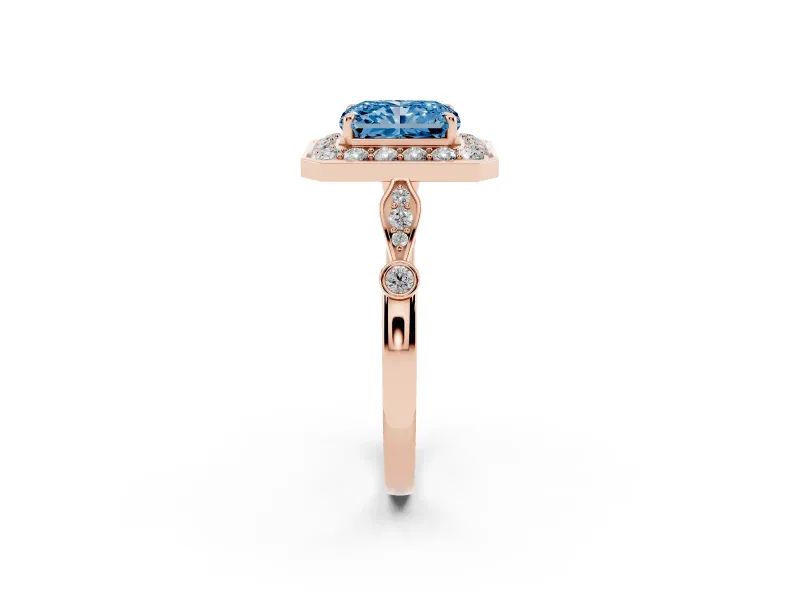 Radiant Cut Halo Engagement Ring Setting for a Fancy Blue Lab-Grown Diamond | Bezel Station Shoulders | Rose Gold