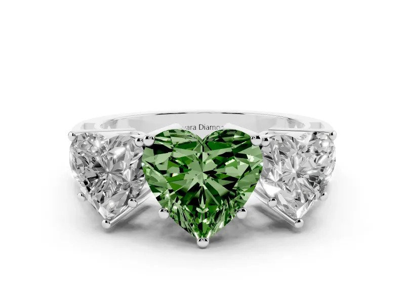 Fancy Green Heart Cut Diamond Three-Stone Ring Set in White gold with Textured Band