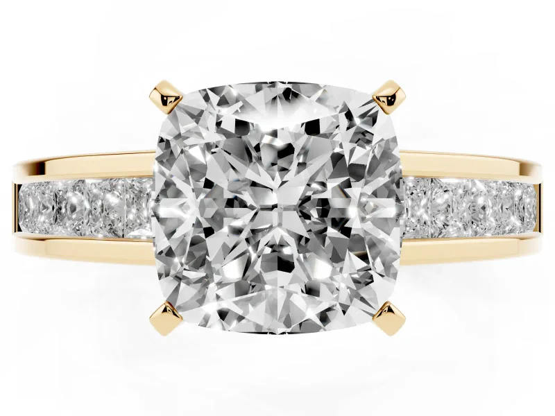 Cushion Cut Diamond Solitaire Ring Set in Yellow gold with Channel-Set Band and Prong Setting