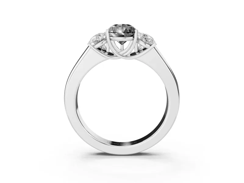 Fancy Black Three-Stone Pear Cut Diamond Ring Set in Platinum with Matching Prong Settings and Plain Band