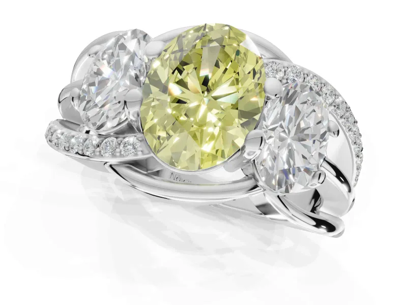 Oval Three Stone Split Shank Engagement Ring Setting for a Fancy Yellow Lab-Grown Diamond | Matching Sides | White Gold