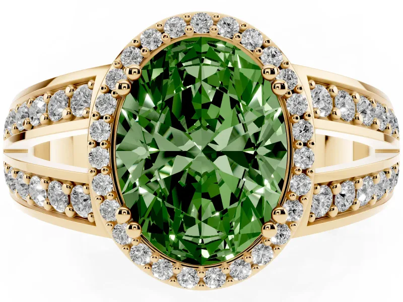 Fancy Green Oval Cut Diamond Halo Ring Set in Yellow gold with Double Pavé Split Shank