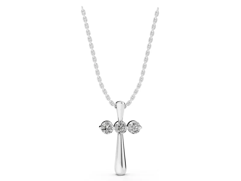 Round Lab-Grown Diamond Three-Stone Cross Pendant Necklace | Stone Crossbar | Sterling Silver