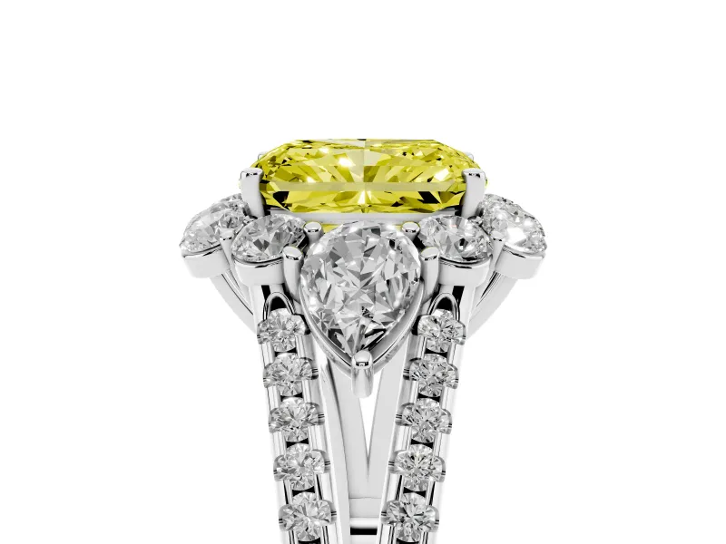 Fancy Yellow Radiant Cut Diamond Halo Split Shank Engagement Ring Set in White gold with Prong-Held Center Stone