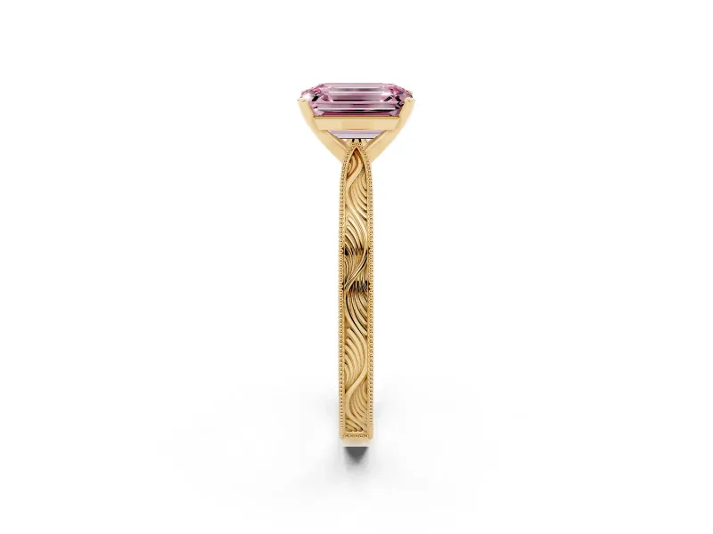 Emerald Cut Engraved Engagement Ring Setting for a Fancy Pink Lab-Grown Diamond | Yellow Gold